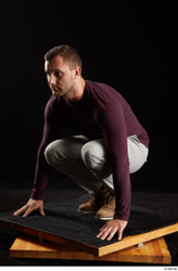 Whole Body Man White Shoes Sweatshirt Trousers Slim Kneeling Studio photo references